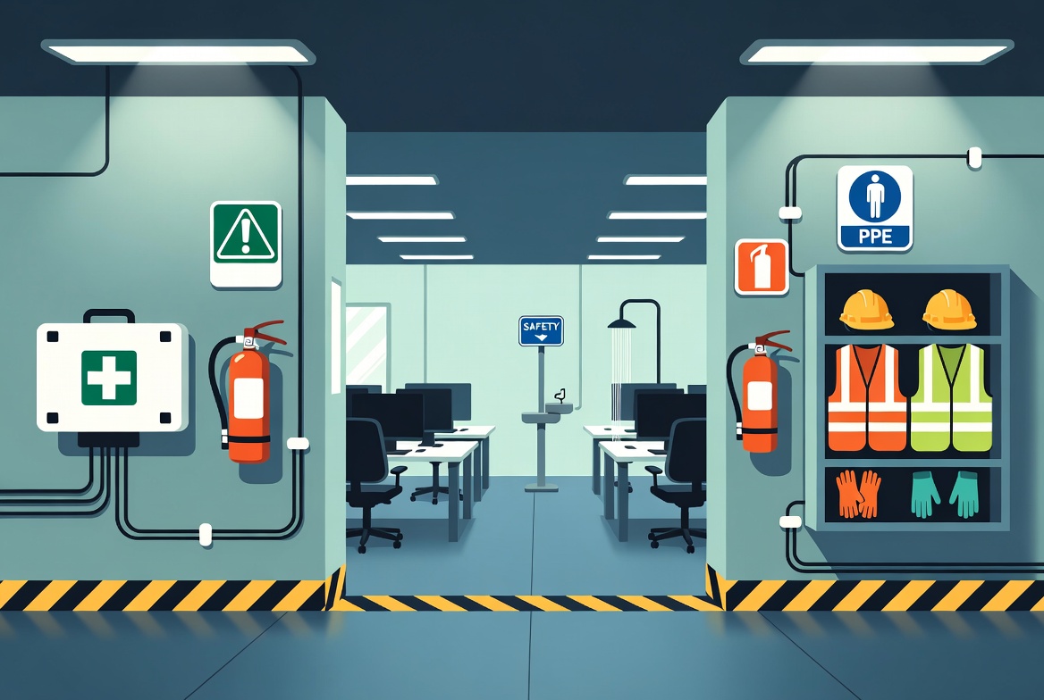 Health and safety inspector reviewing compliance documents in a commercial facility